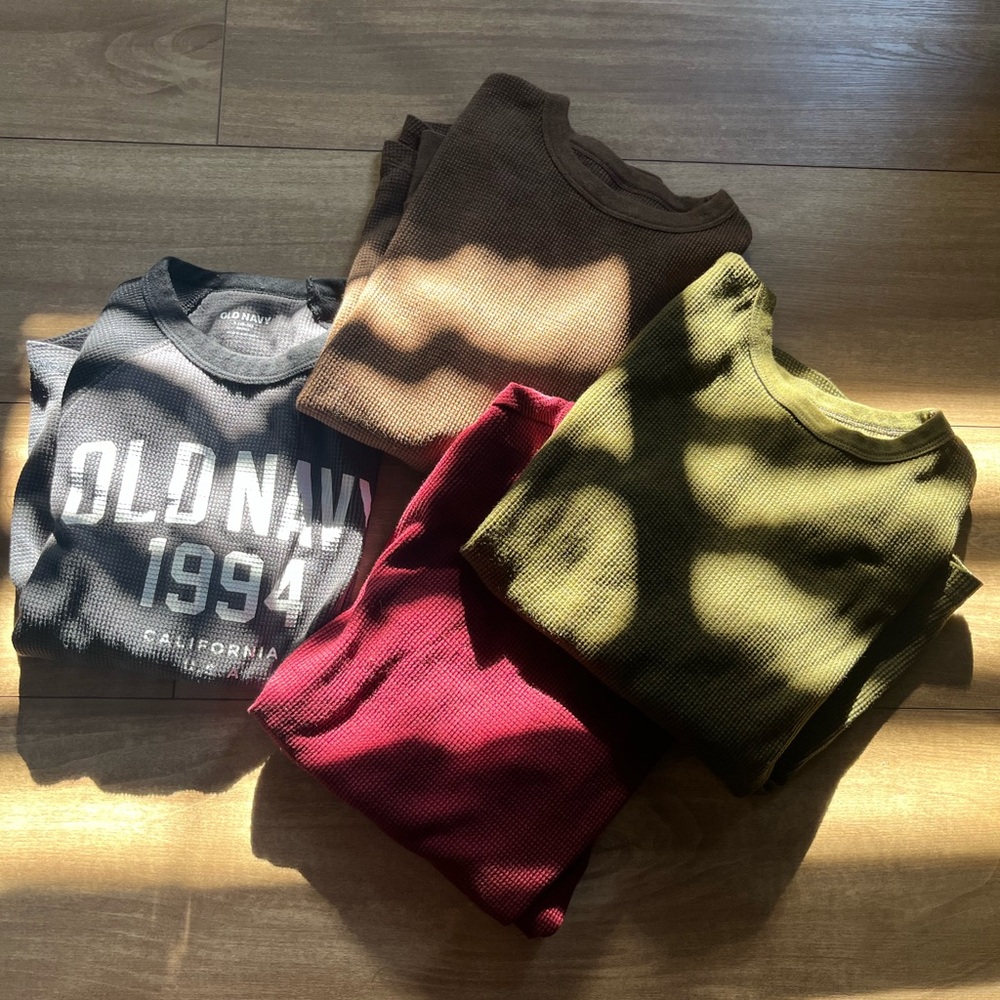 Old Navy Kids' Waffle Long sleeve Tees - Black and Gray, Brown, Green, Burgundy.